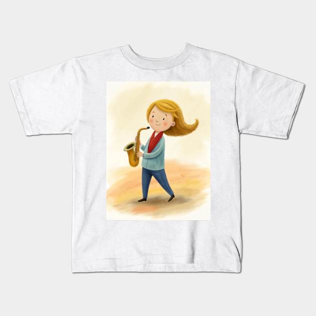 Saxaphone playing cute girl Kids T-Shirt by osmansargin